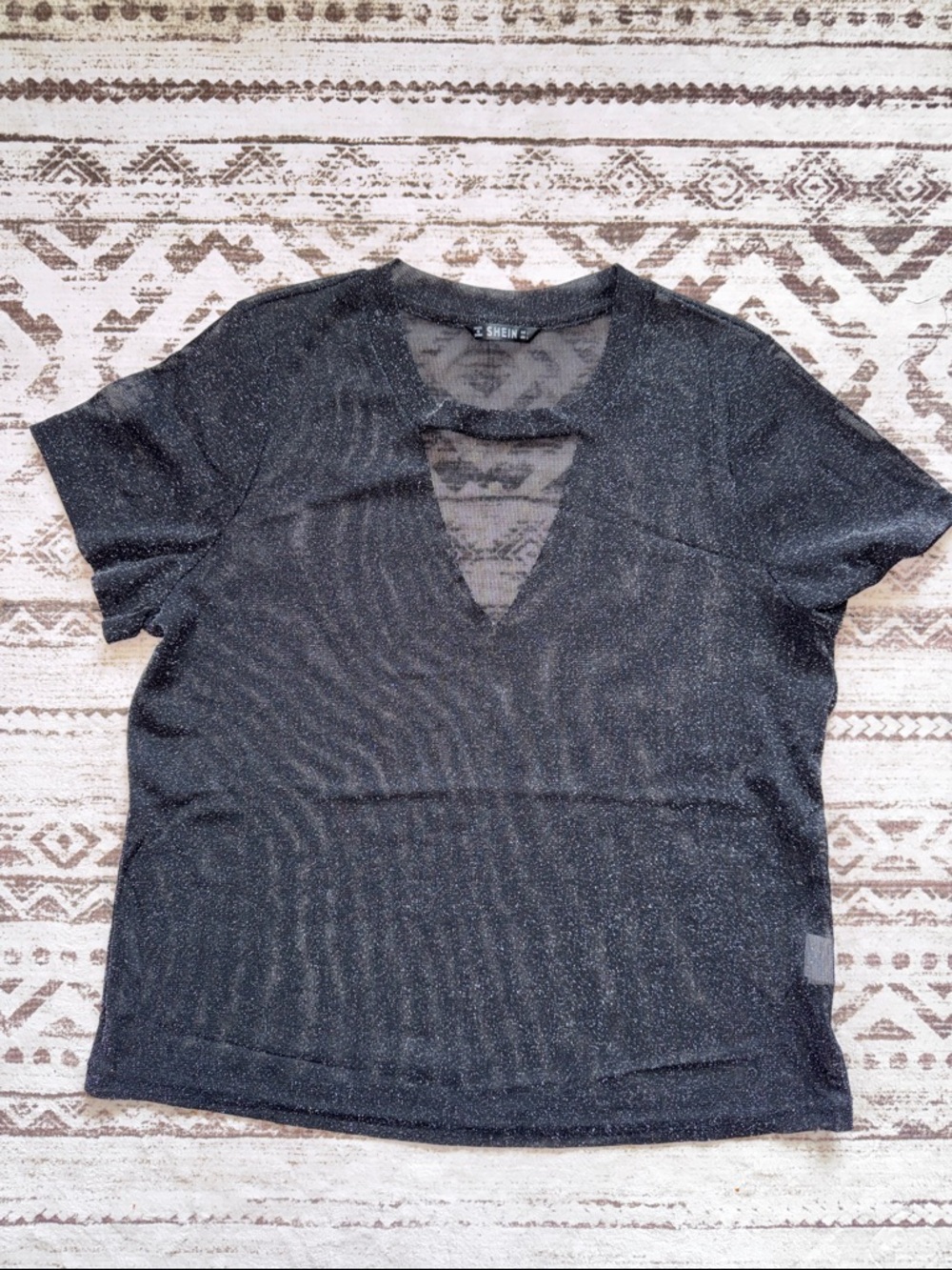 SHEIN Black Sparkle Short Sleeve V-Notch Top
